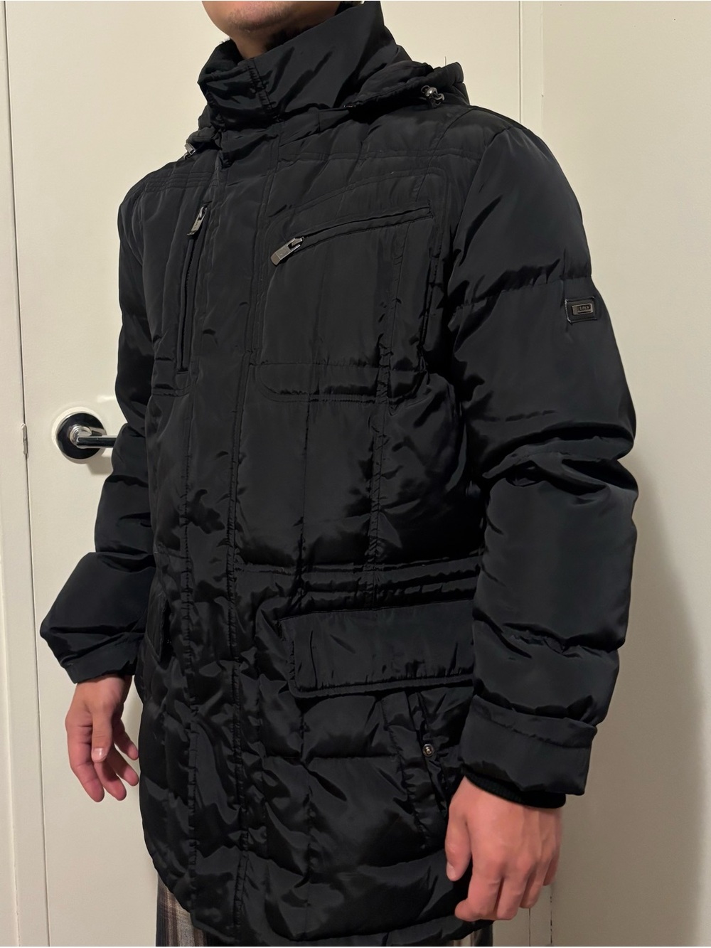 SELA Men’s Black Puffer Winter Jacket Hooded Faux Fur Trim — Size M/L